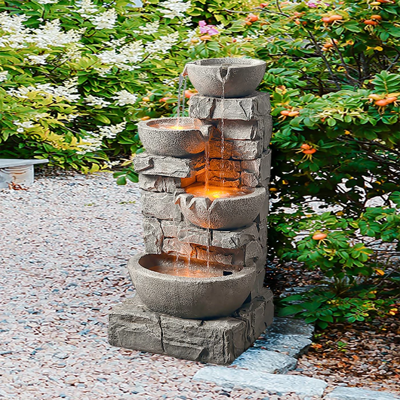 Flash Sale 𧨠Lighted Peaktop Outdoor Stacked Stone Tiered Bowls Fountain With LED Light π― - Image 4