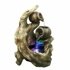 Flash Sale ✔️ Tabletop Hi-Line Gift Ltd. Two Jugs And Tree Trunk Indoor/Outdoor Fountain With RGB LED Lights 👏