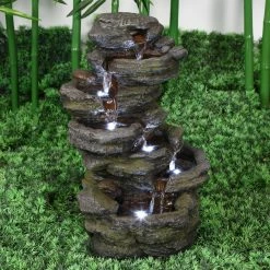 Deals ⭐ Lighted Hi-Line Gift Ltd. Cascading Rocks Indoor/Outdoor Floor Fountain With LED 💯
