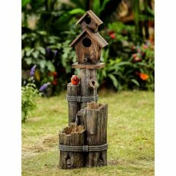 Hot Sale ⭐ Floor Jeco Tiered Wood Finish Water Fountain With Birdhouse 🎉