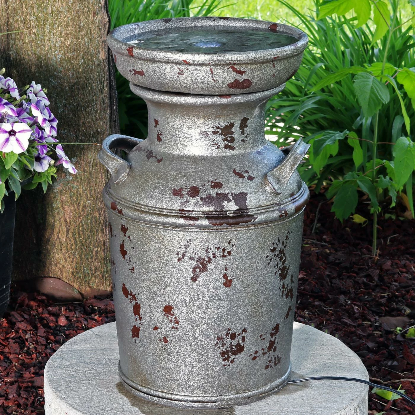 Best Sale ✔️ Lighted Sunnydaze Decor Farmhouse Vintage Milk Can Outdoor Birdbath Fountain ✨