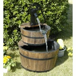 Outlet 👍 Floor HGC 2 Tier Wood Barrel Outdoor Fountain 🌟