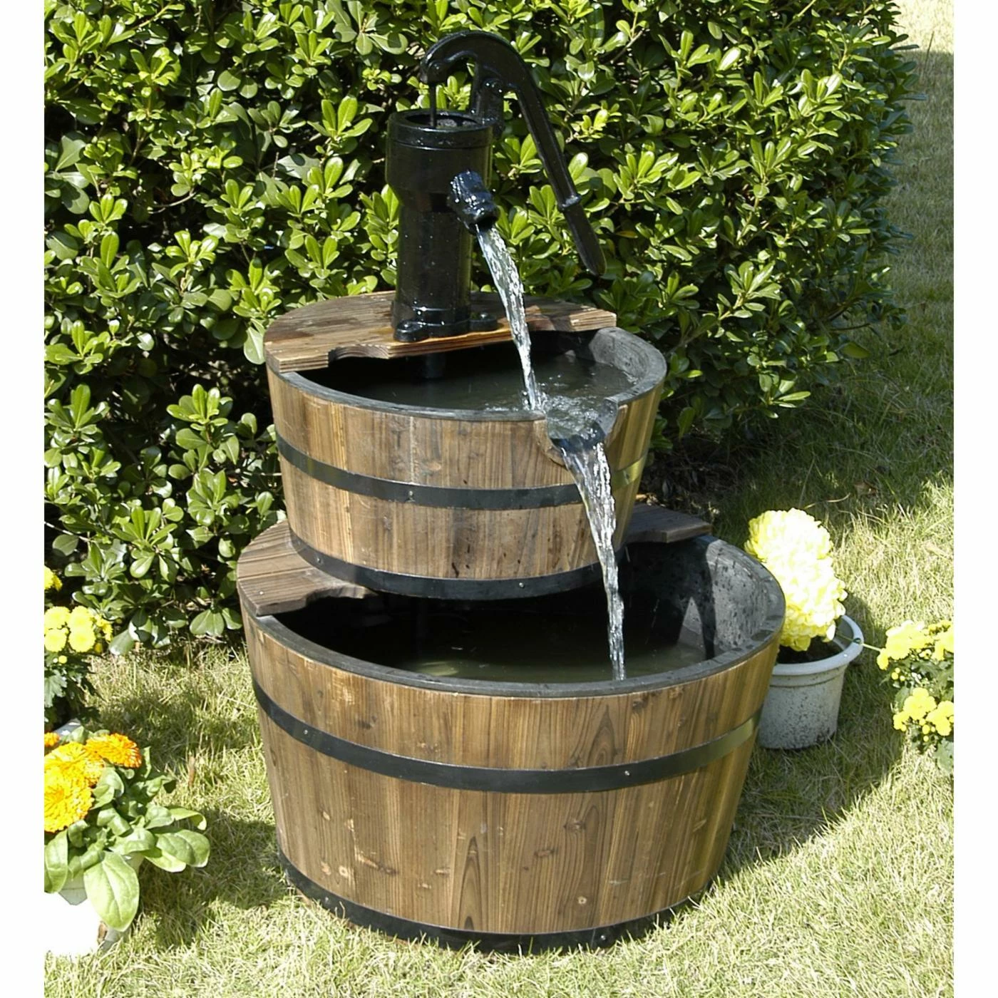 Outlet π Floor HGC 2 Tier Wood Barrel Outdoor Fountain π